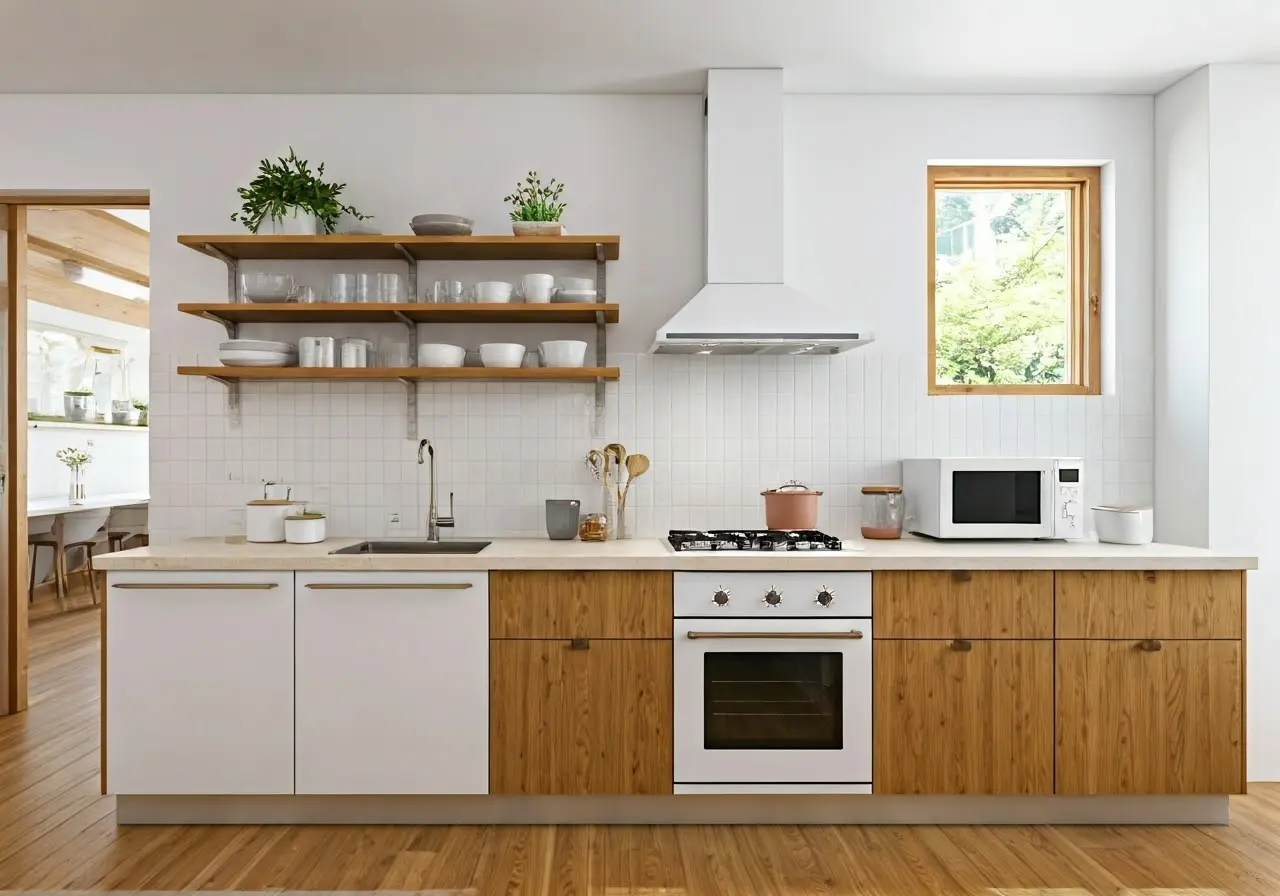 A bright kitchen with strategic shelving and compact appliances. 35mm stock photo