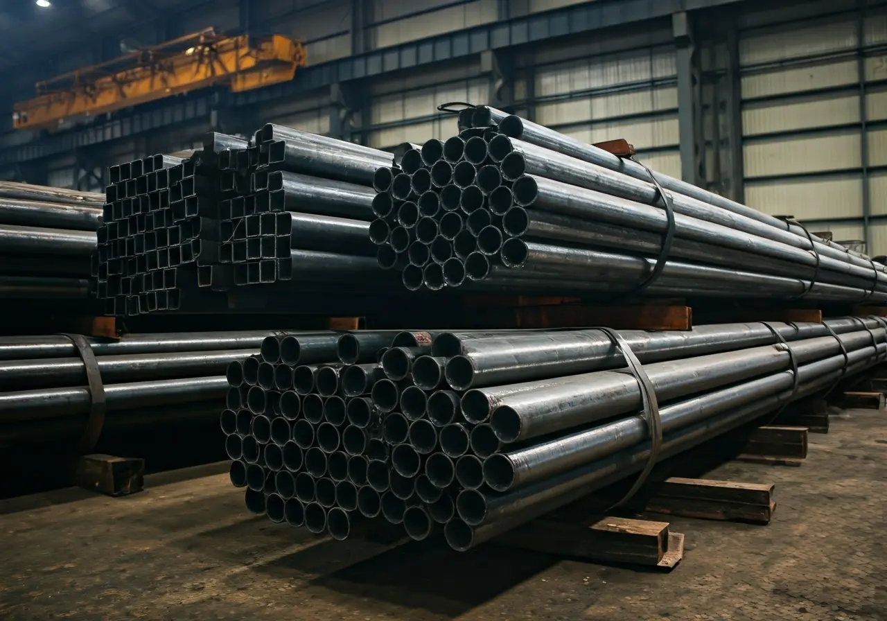 Stacks of steel tubes in a large industrial warehouse. 35mm stock photo