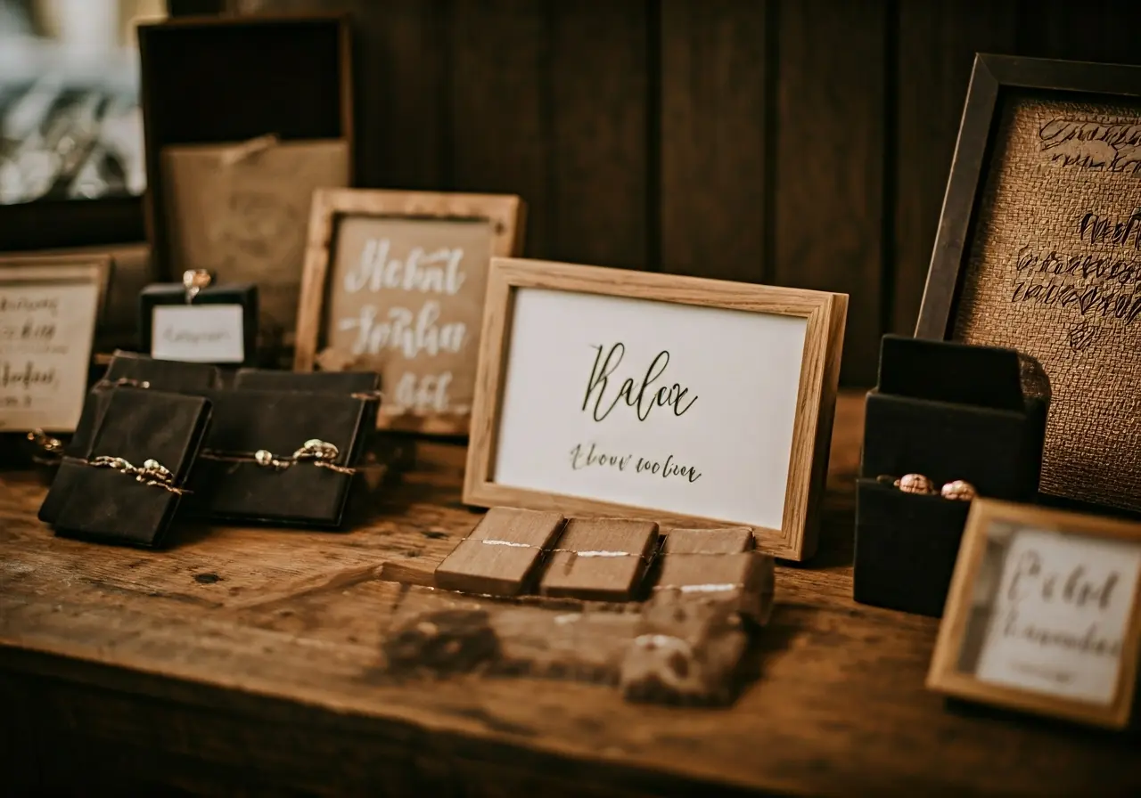 A variety of personalized ring bearer gifts displayed on a table. 35mm stock photo