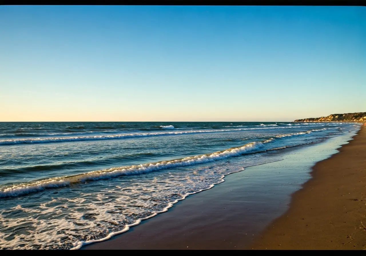 A serene beachfront with waves gently hitting the shore. 35mm stock photo