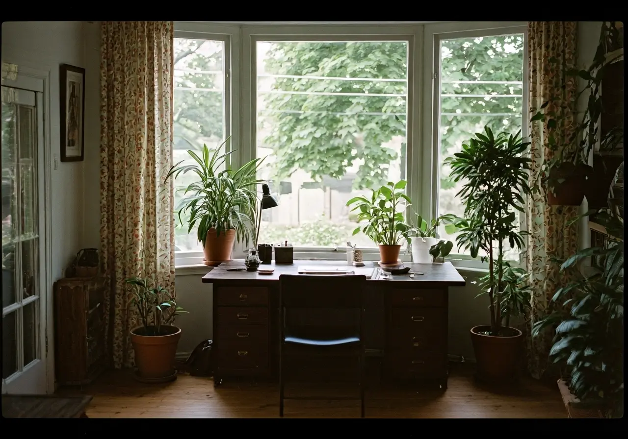 A serene home office with plants and a large window. 35mm stock photo