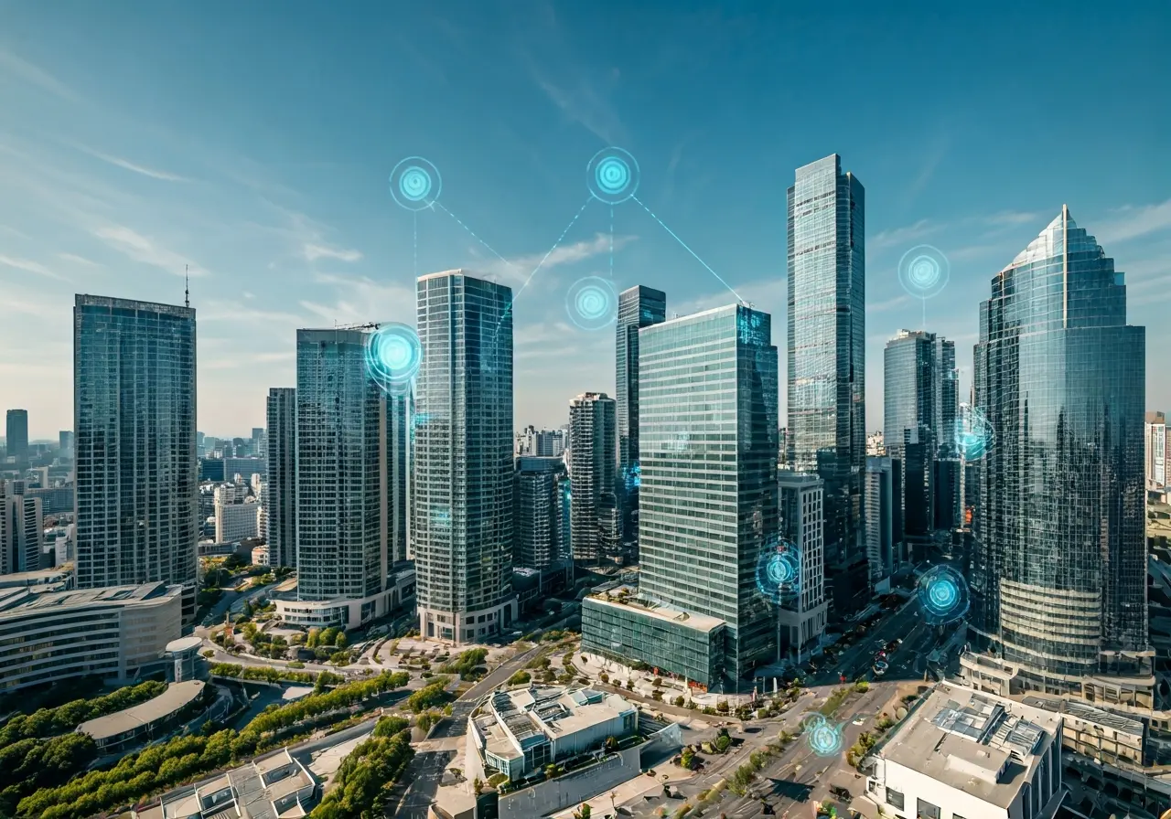 A bustling cityscape with modern skyscrapers and digital icons. 35mm stock photo