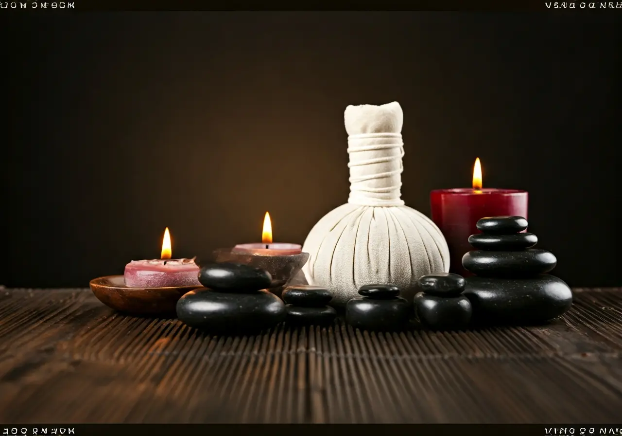 A serene spa setting with relaxing candles and stones. 35mm stock photo