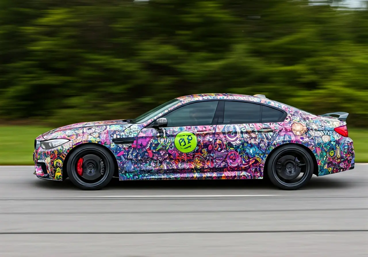 A colorful car with a vibrant vinyl wrap in motion. 35mm stock photo