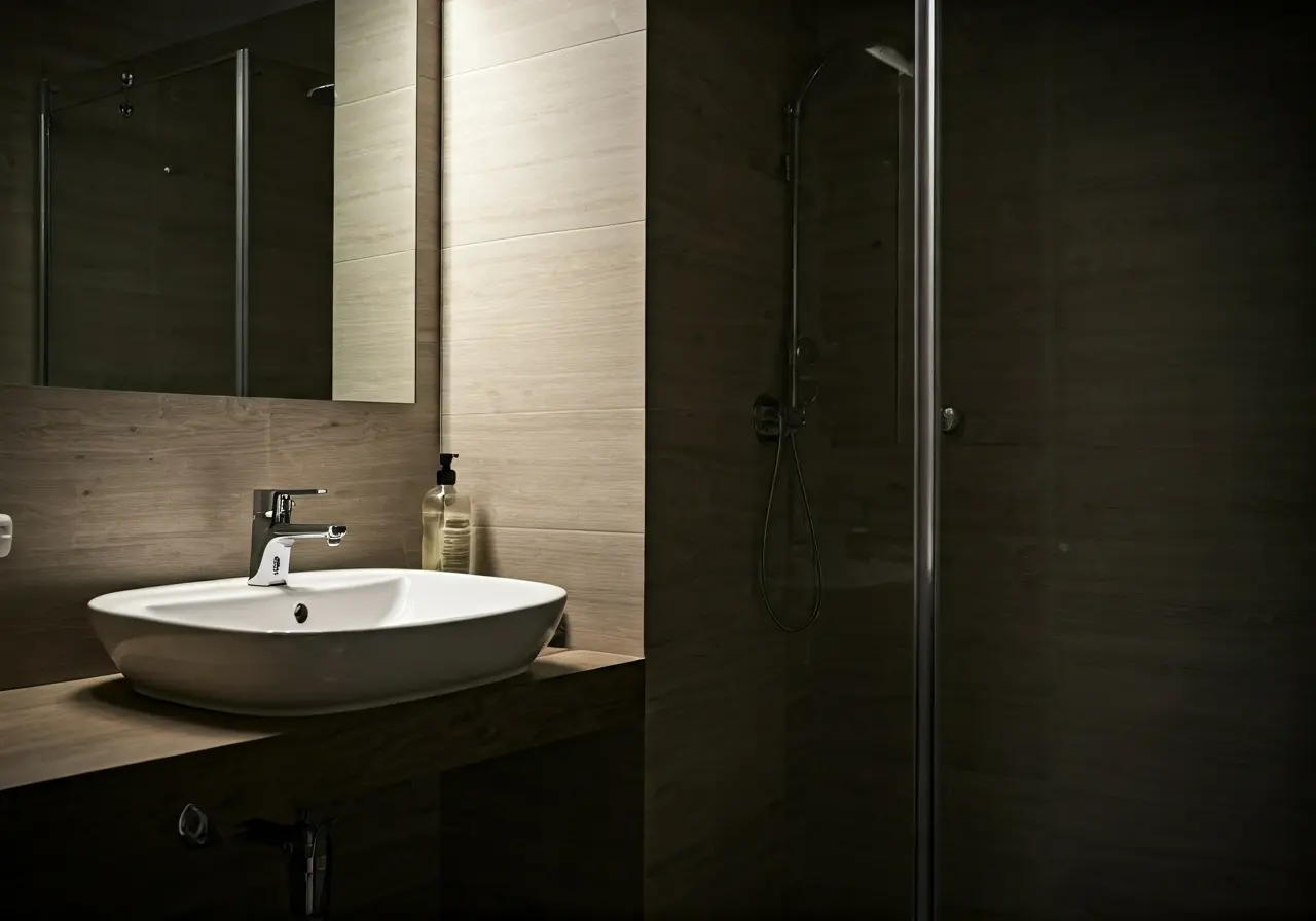 A modern bathroom with sleek plumbing fixtures and elegant decor. 35mm stock photo