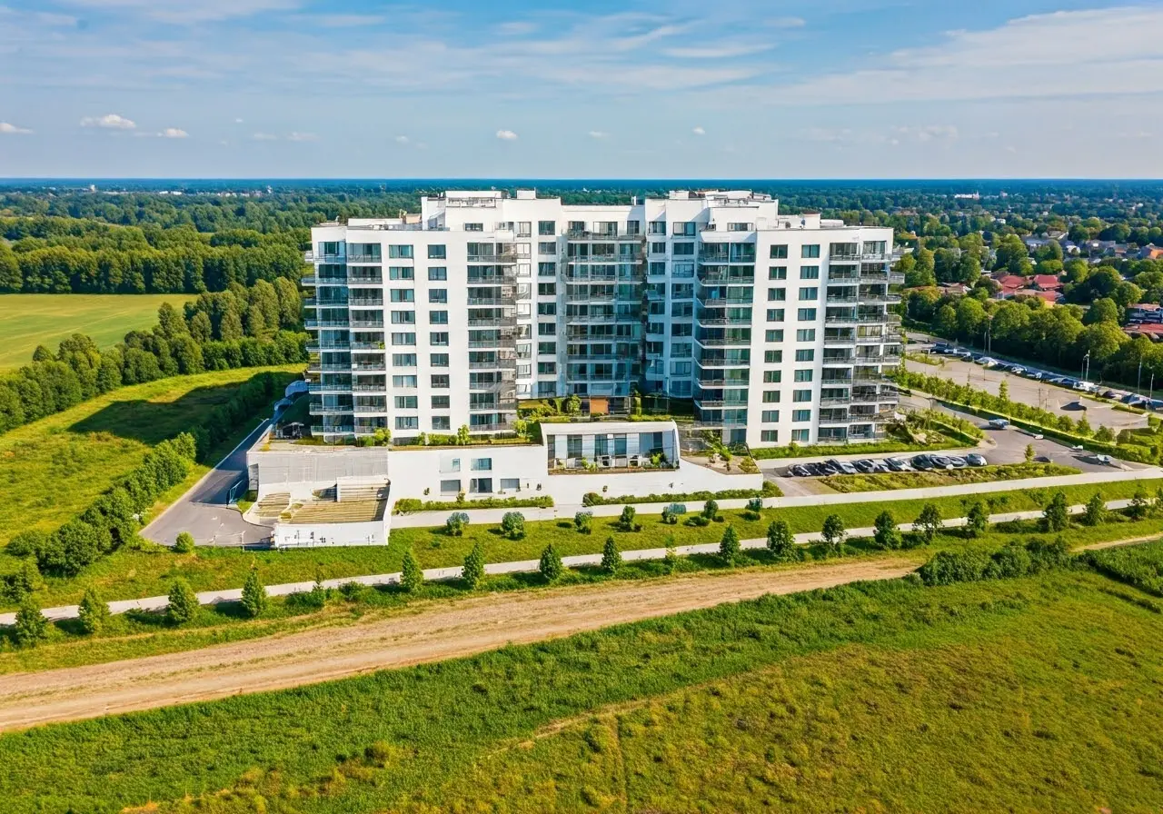 Aerial view of modern apartment complex with lush surroundings. 35mm stock photo