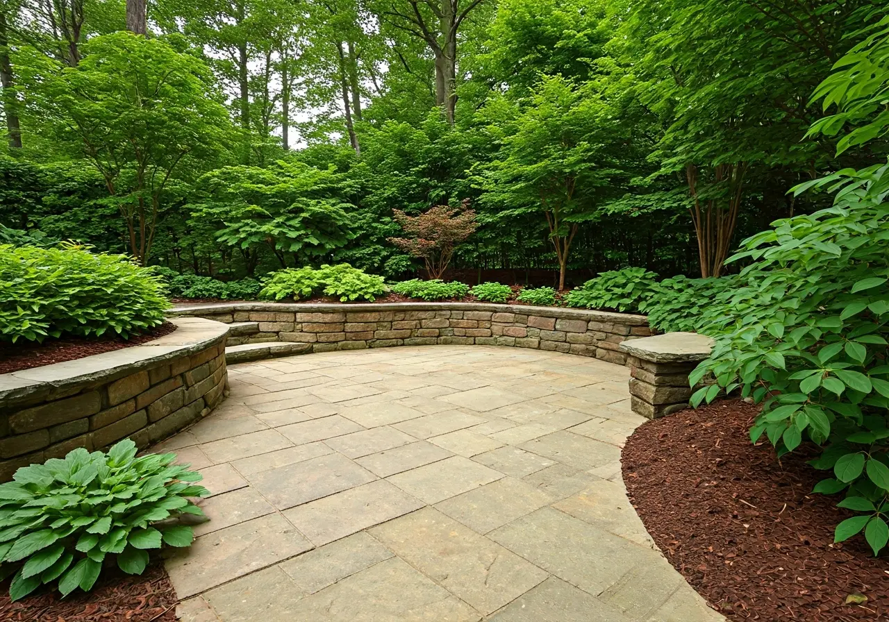 A well-crafted stone patio surrounded by lush greenery. 35mm stock photo