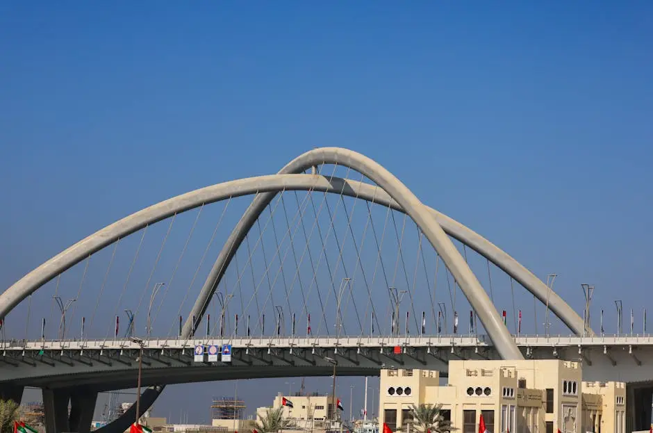 A striking modern bridge with elegant arches under a clear blue sky.