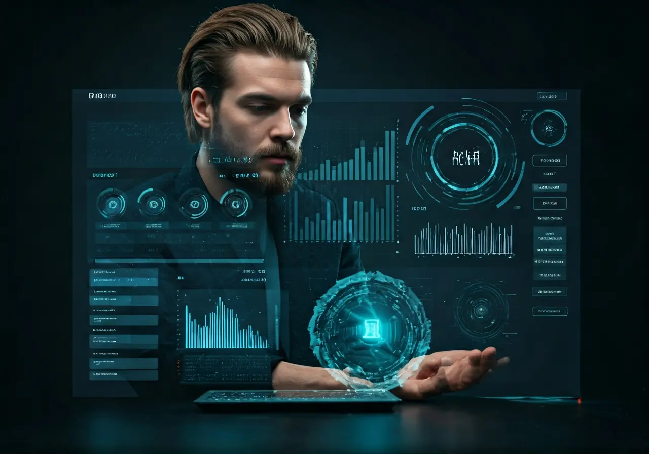 A futuristic website interface with AI elements and icons. 35mm stock photo