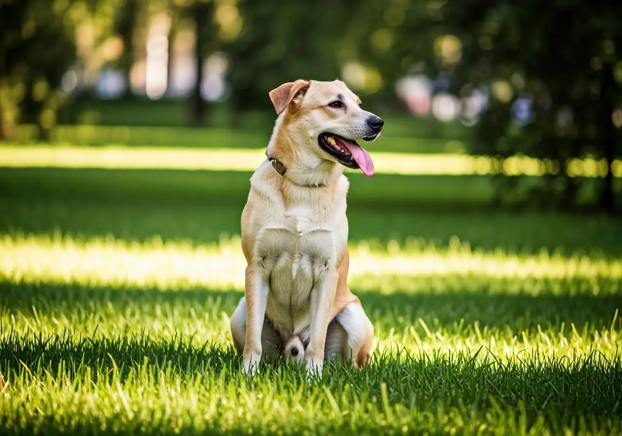 A happy dog sitting attentively in a lush green park. 35mm stock photo