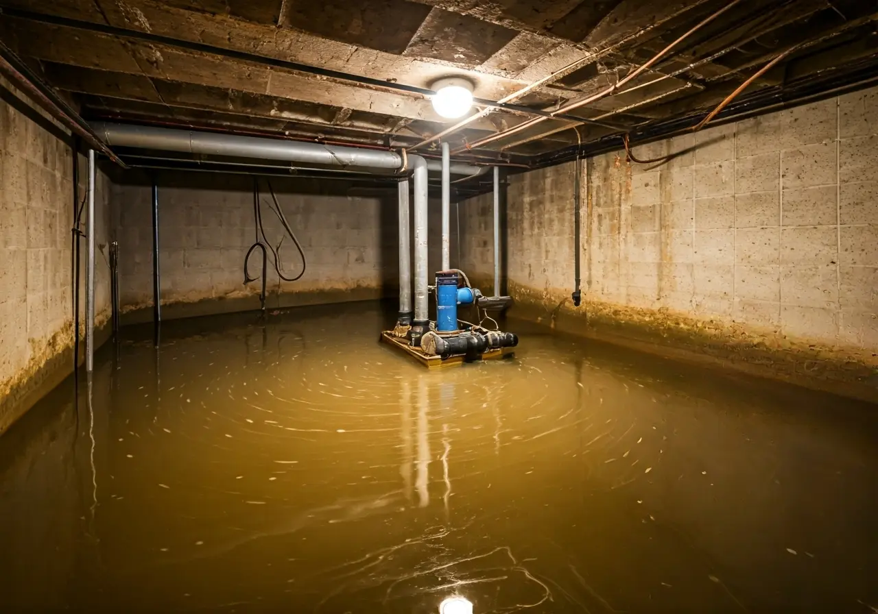 A basement with a malfunctioning sump pump surrounded by water. 35mm stock photo