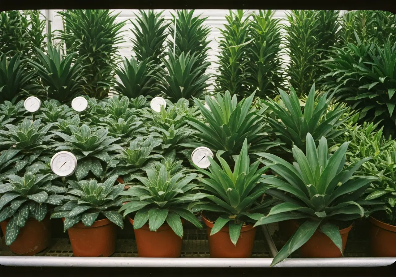 Rows of lush indoor plants with humidity gauges displayed. 35mm stock photo