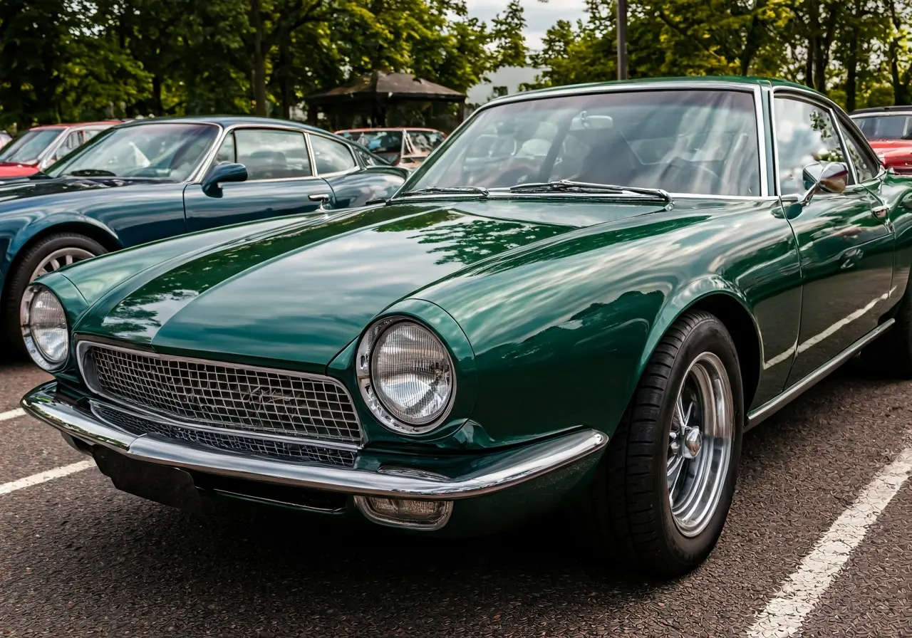 A shiny car reflecting light, highlighting a polished paint job. 35mm stock photo
