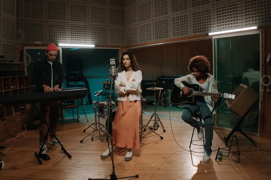 A diverse group of musicians rehearsing in a modern studio with various instruments, creating live music.