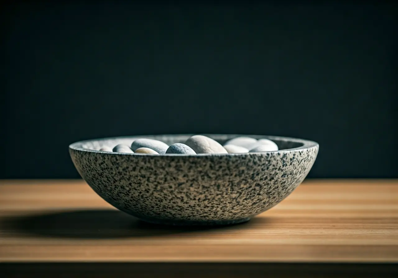 A sleek stone bowl with decorative pebbles on a desk. 35mm stock photo