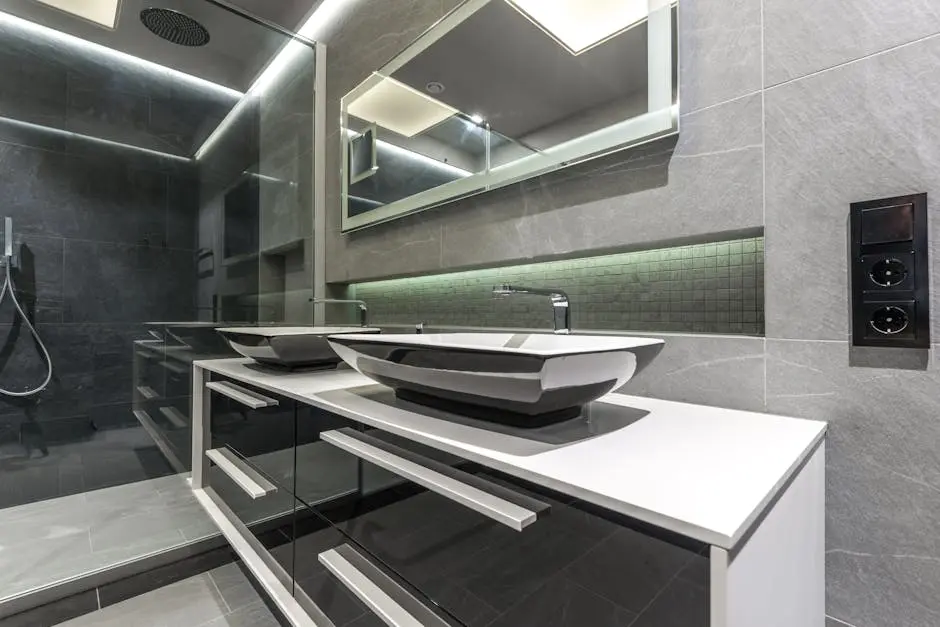 Elegant contemporary bathroom design featuring sleek fixtures and modern accents.