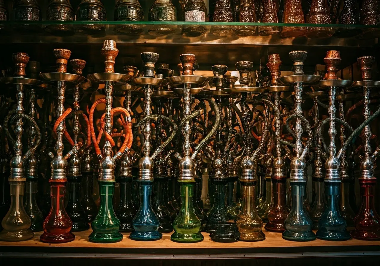 A colorful display of hookah pipes in a retail shop. 35mm stock photo