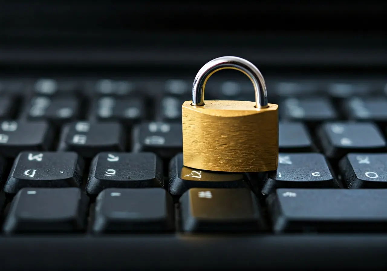 A close-up of a padlock on a computer keyboard. 35mm stock photo
