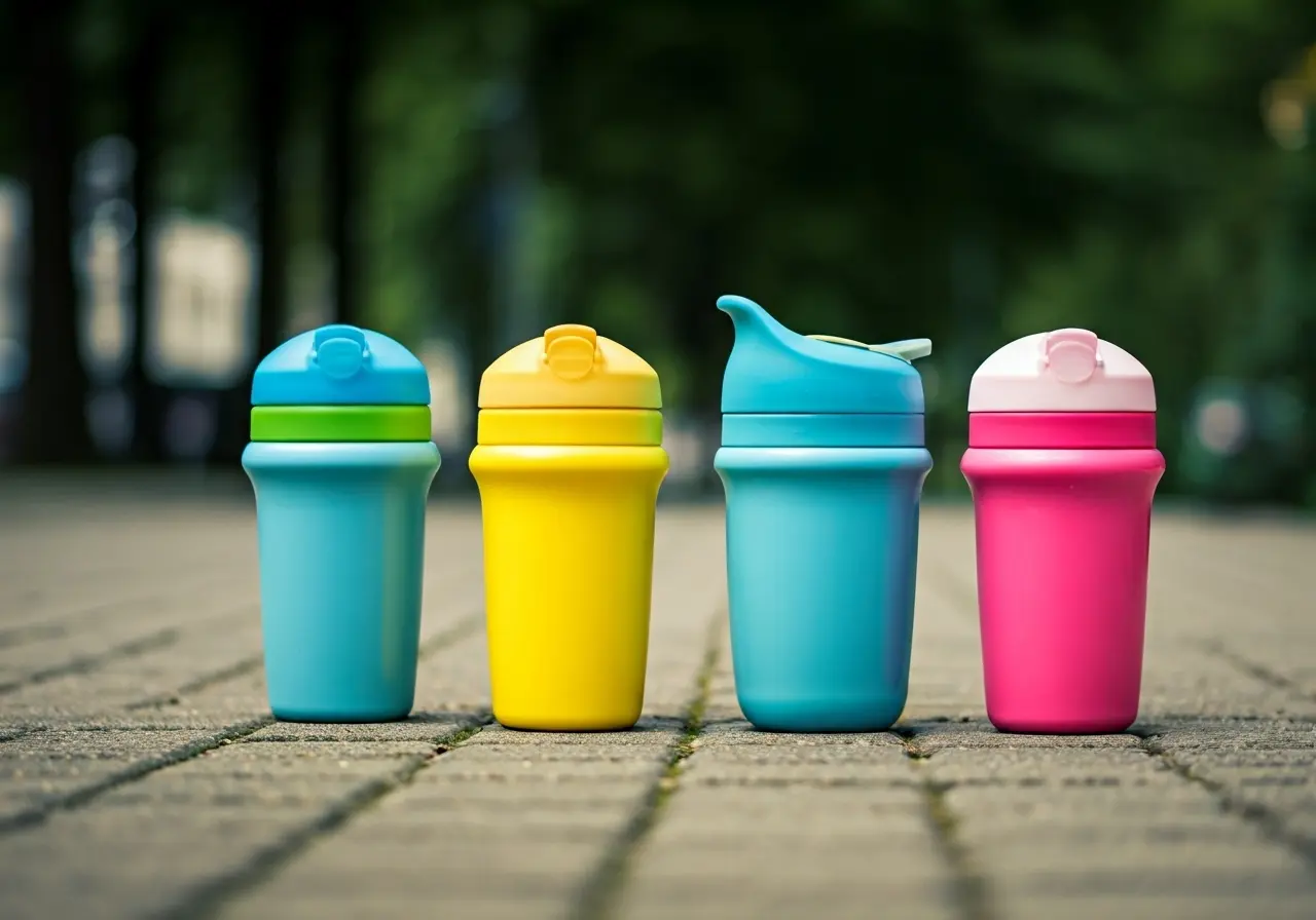 A collection of colorful baby travel cups on a sidewalk. 35mm stock photo