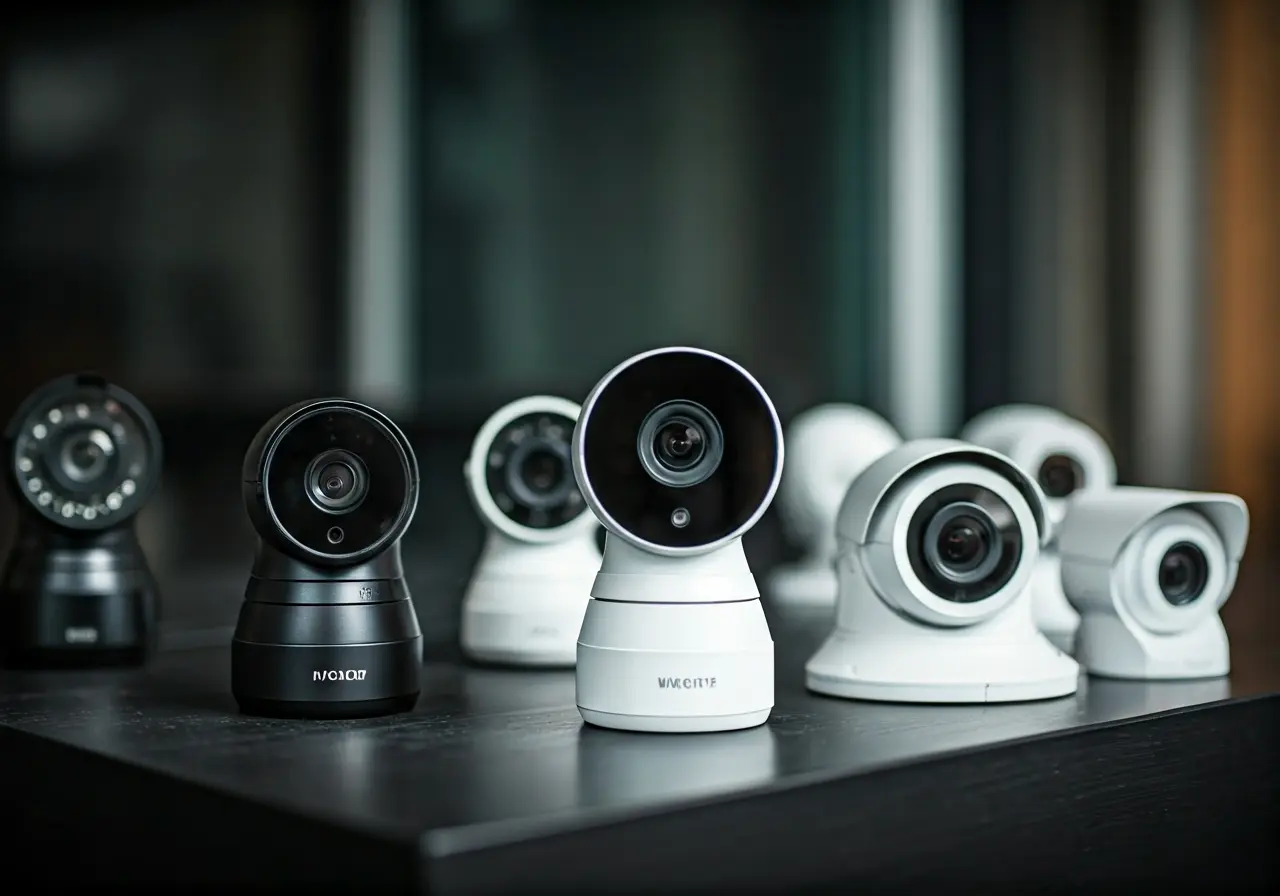 A variety of modern security cameras displayed on a table. 35mm stock photo