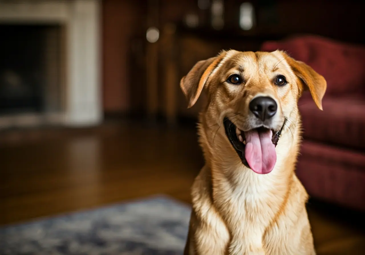 A happy dog sitting attentively in a cozy living room. 35mm stock photo