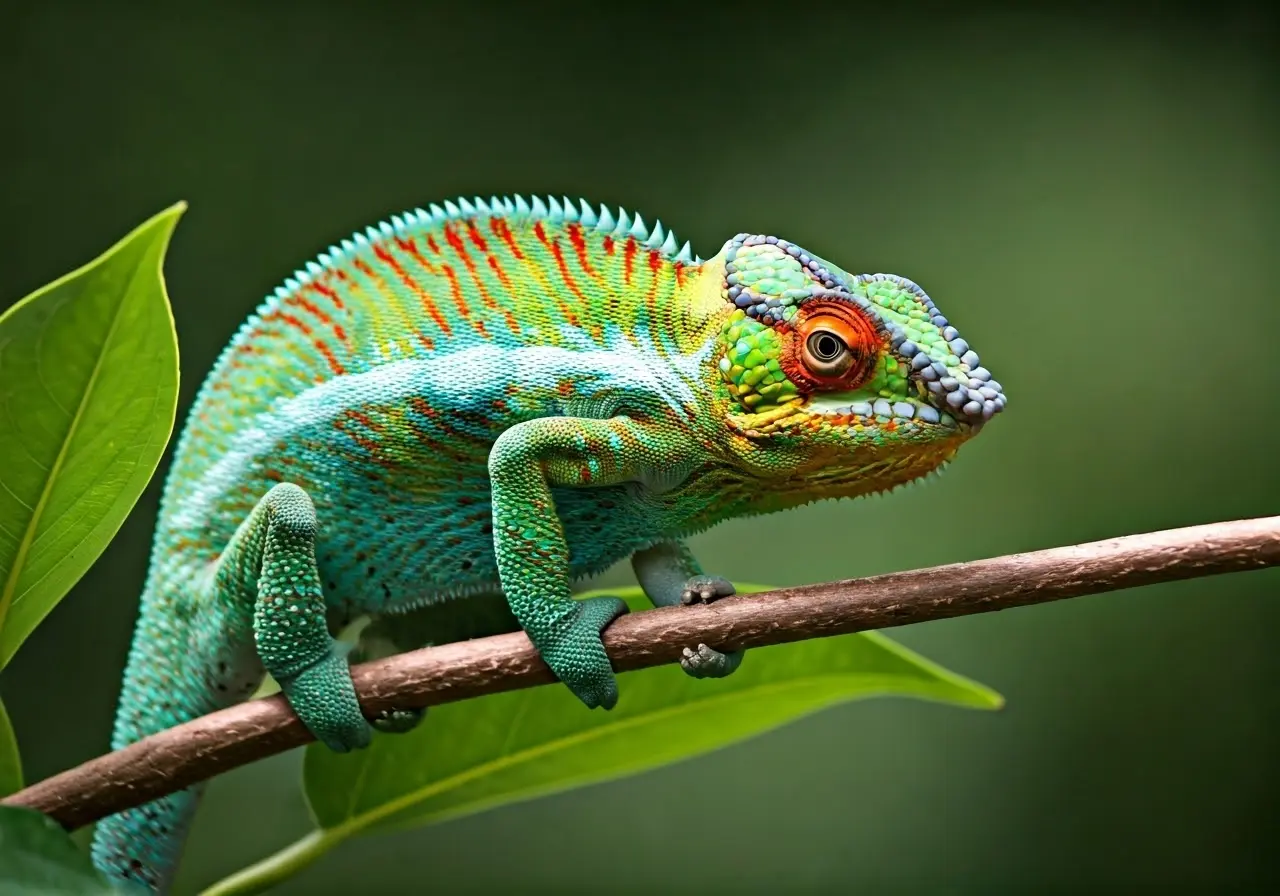 A colorful chameleon perched on a leafy green branch. 35mm stock photo