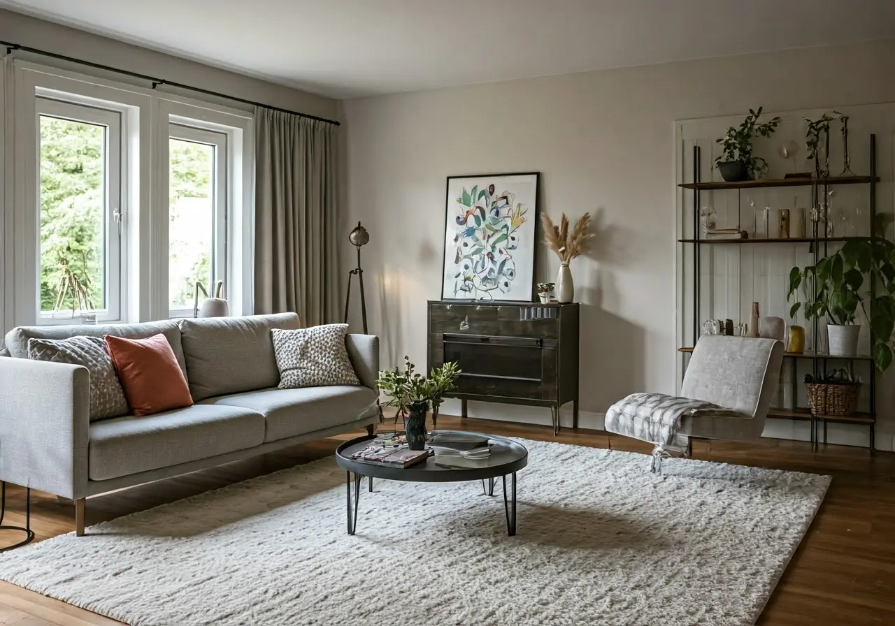 A cozy, renovated living room with stylish furniture and decor. 35mm stock photo