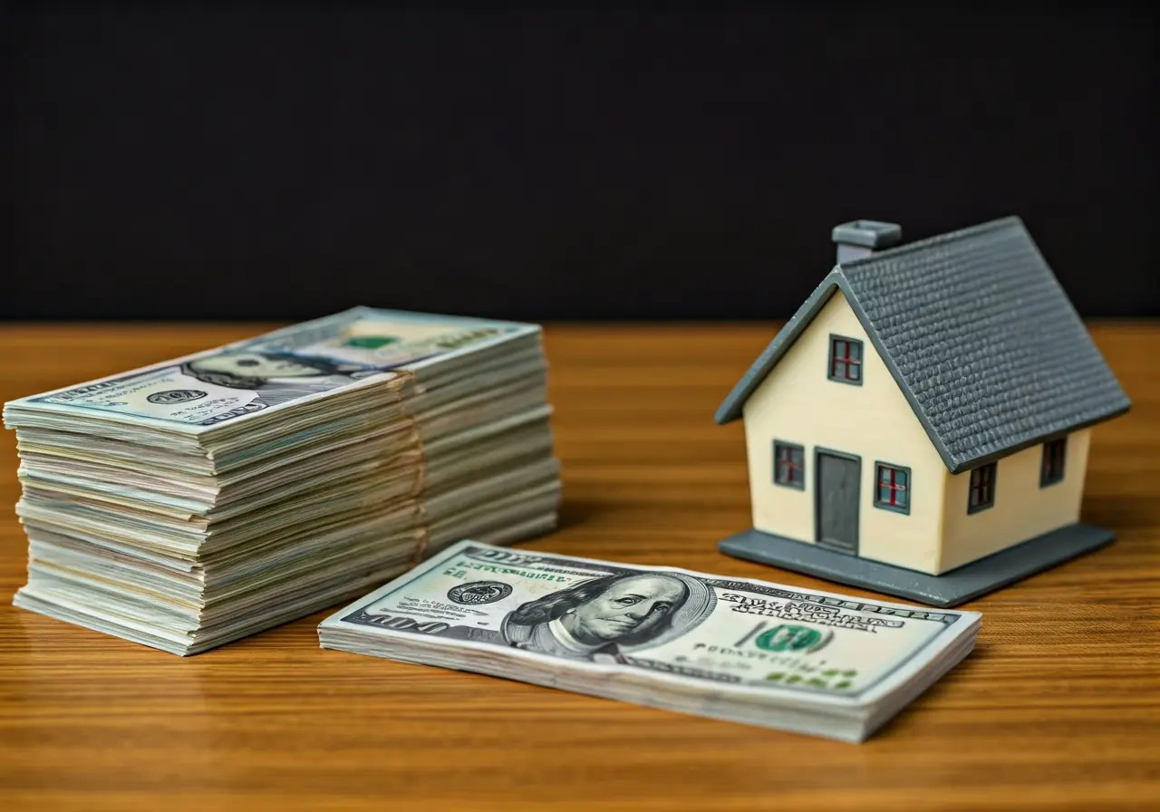 A pile of cash next to a small model house. 35mm stock photo