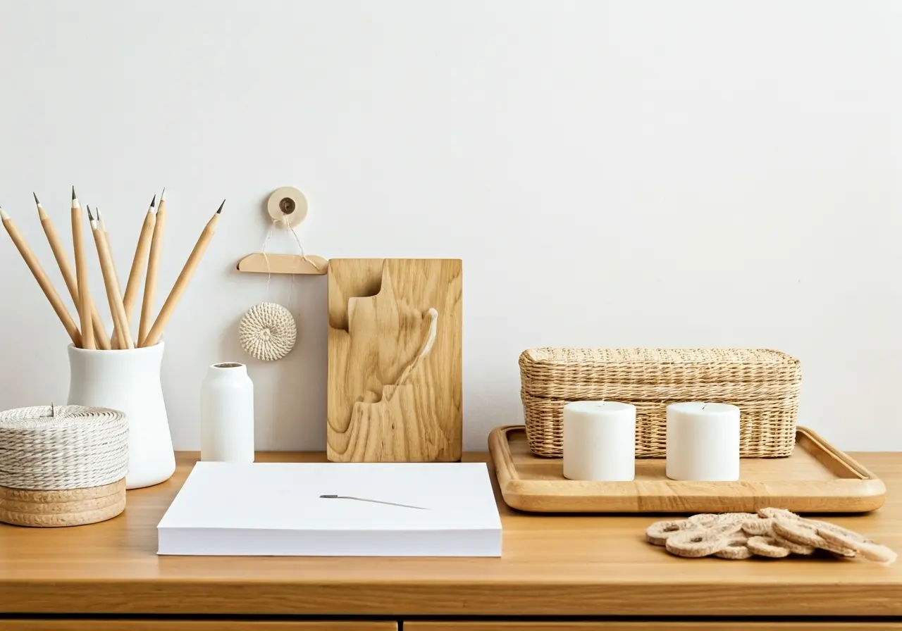 A neatly arranged desk with various handmade home decor items. 35mm stock photo