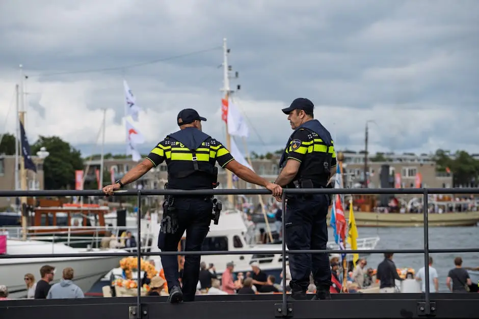 Two police officers watch over a bustling harbor event with boats and attendees.