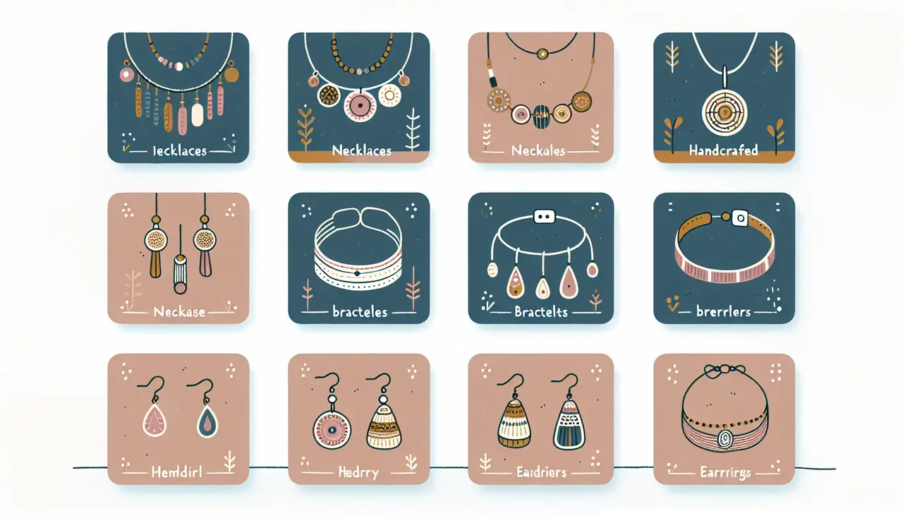 Draw a graphic in flat design style. A minimalist flat design illustration of ten distinct handmade jewelry pieces, including necklaces, bracelets, and earrings, each displayed on a simple, elegant background with labels showing their uniqueness.