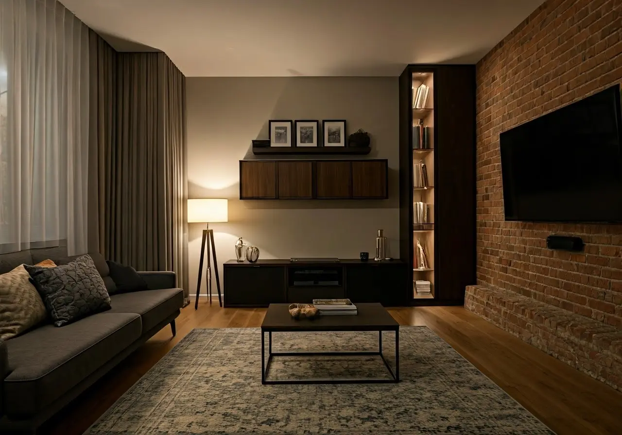 A cozy living room with a modern home theater setup. 35mm stock photo