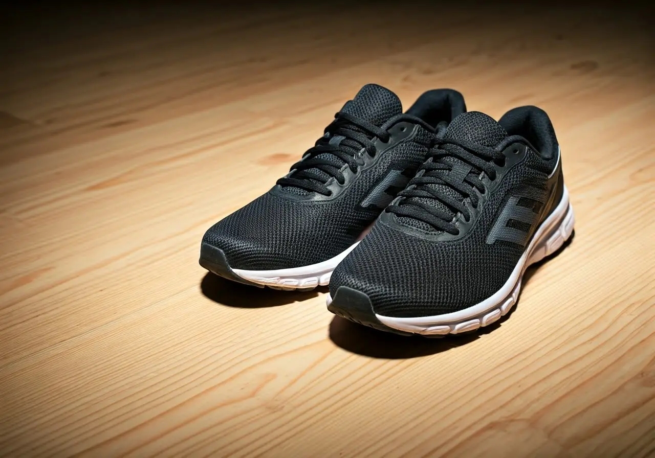 A close-up of athletic shoes on a clean, wooden floor. 35mm stock photo