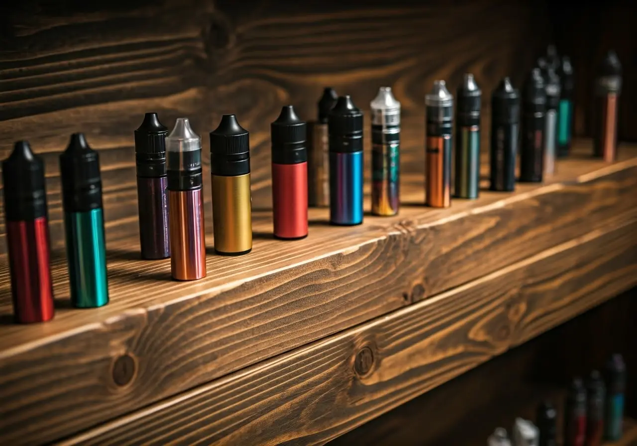 A variety of colorful vape products displayed on wooden shelves. 35mm stock photo