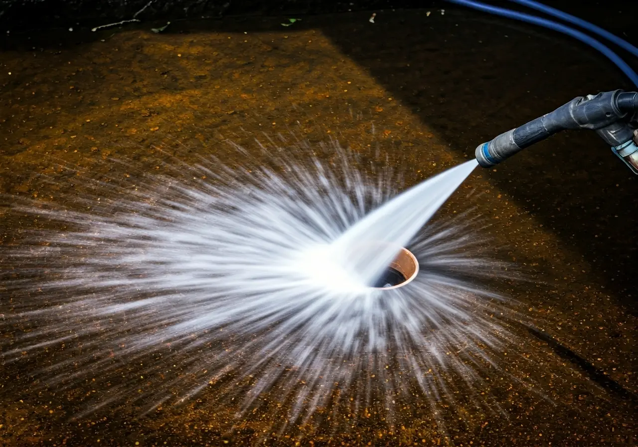 A high-pressure water jet cleaning a residential drainpipe. 35mm stock photo