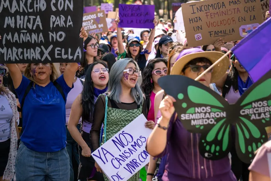 A vibrant and peaceful women&rsquo;s empowerment march in Mexico City showcasing activism and diverse participants.