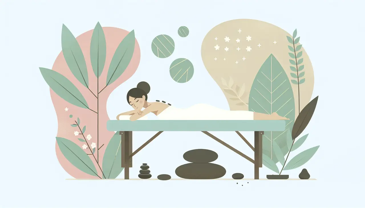Draw a graphic in flat design style. A serene scene of a person relaxing on a massage table surrounded by calming nature elements, like leaves and stones, in a minimalist flat design style.