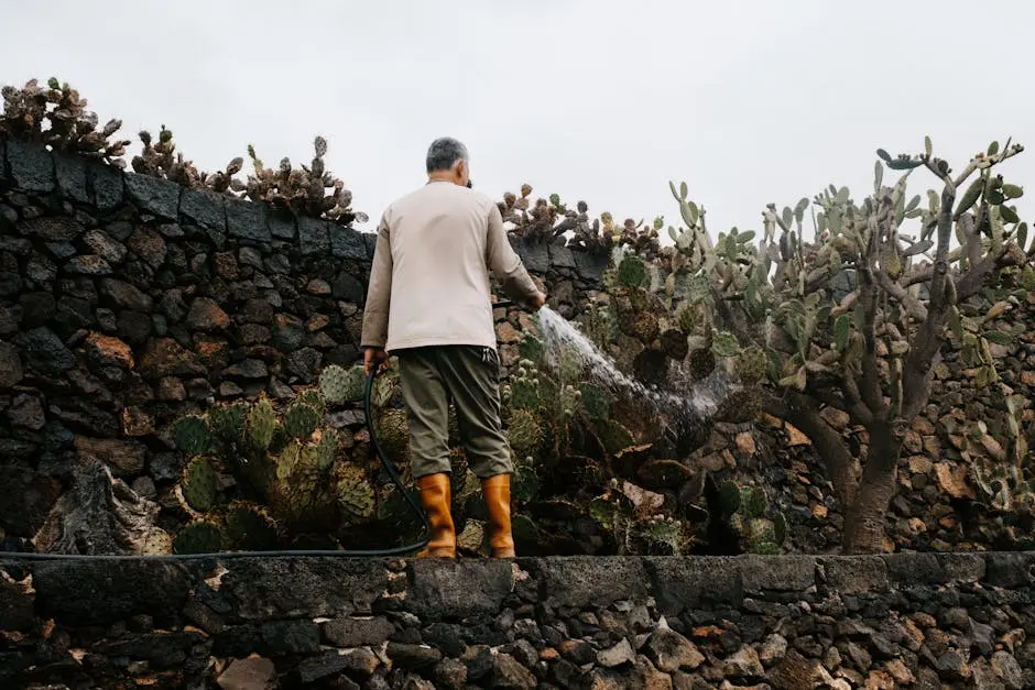 A man waters cacti among volcanic rock walls, capturing the unique Lanzarote landscape.