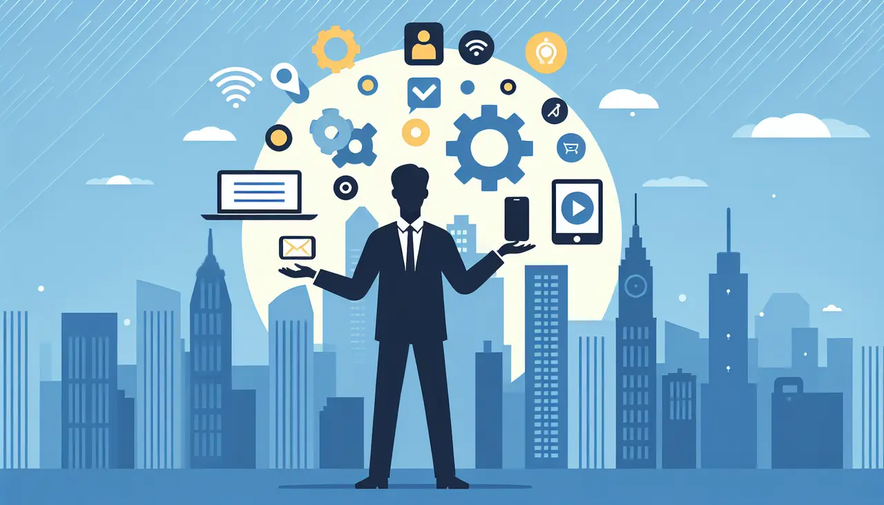 Draw a graphic in flat design style. A flat design illustration of a person juggling symbols of app development like a laptop, smartphone, and gear, set against a minimalist Washington DC skyline in the background.