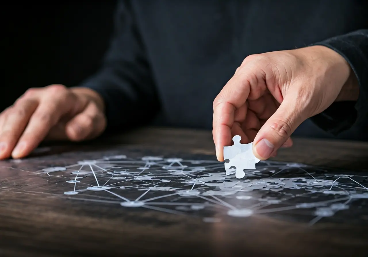A hand placing a puzzle piece into a map of connections. 35mm stock photo