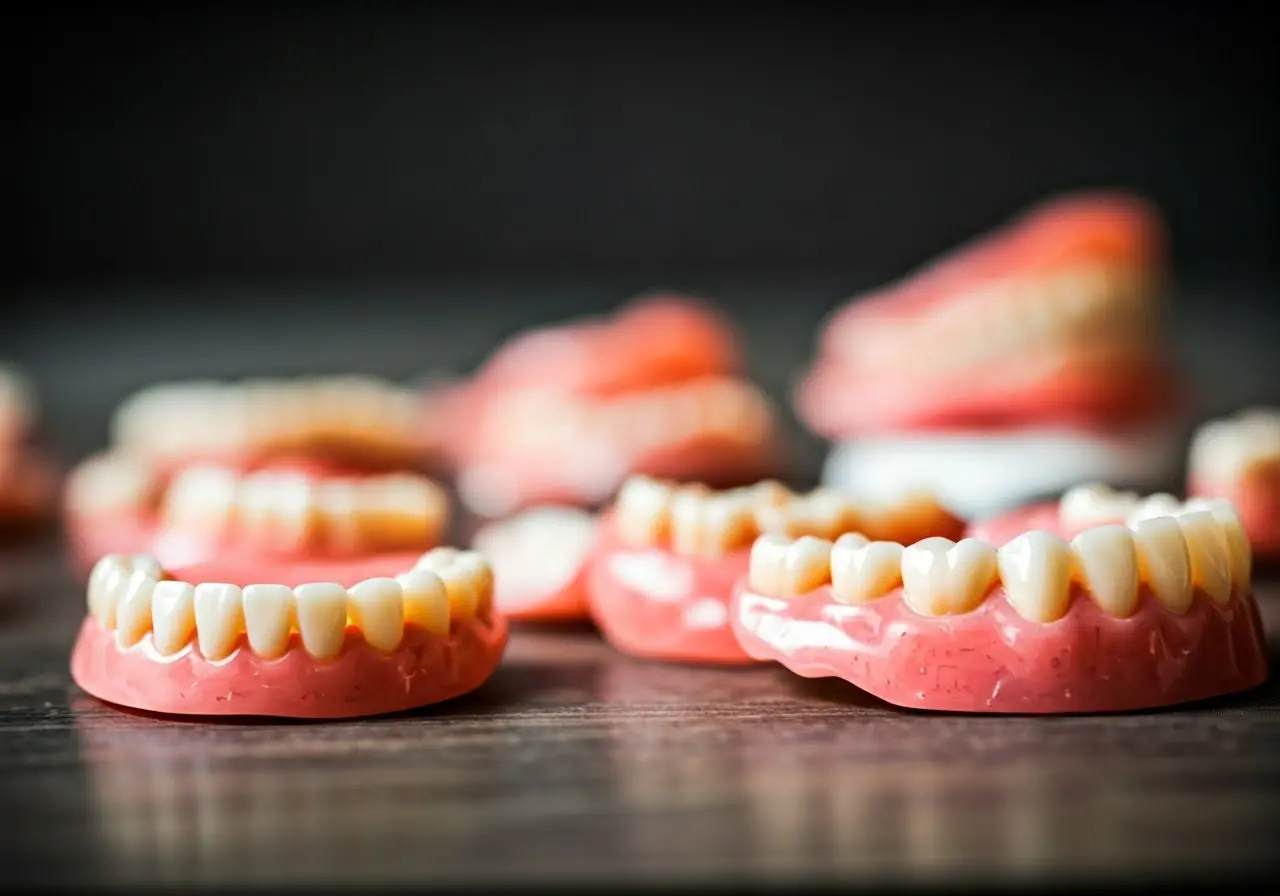 A close-up of various types of dentures on a table. 35mm stock photo