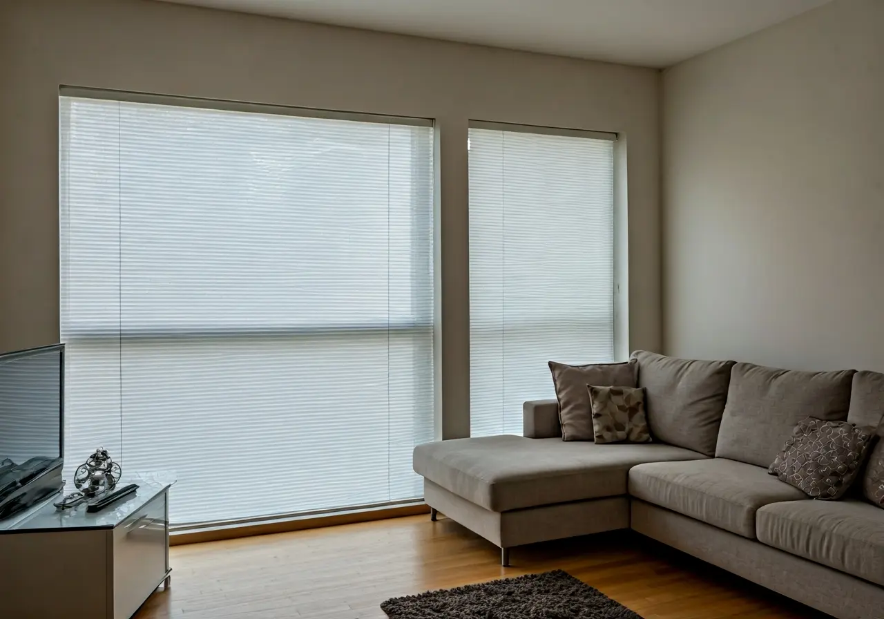 A modern living room with automated roller shades on windows. 35mm stock photo
