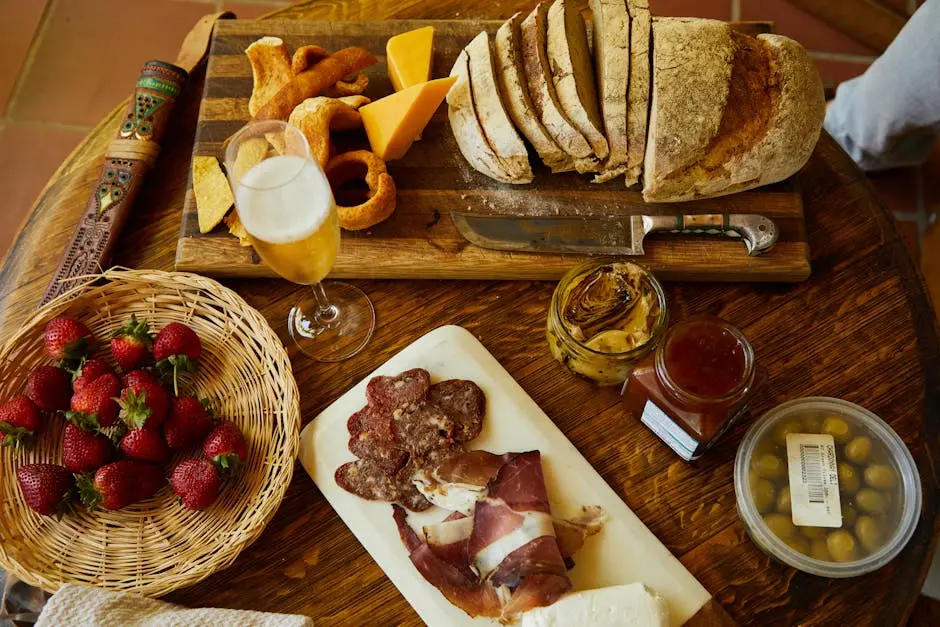 A gourmet charcuterie board featuring sliced bread, meats, cheese, and wine on a rustic wooden table.