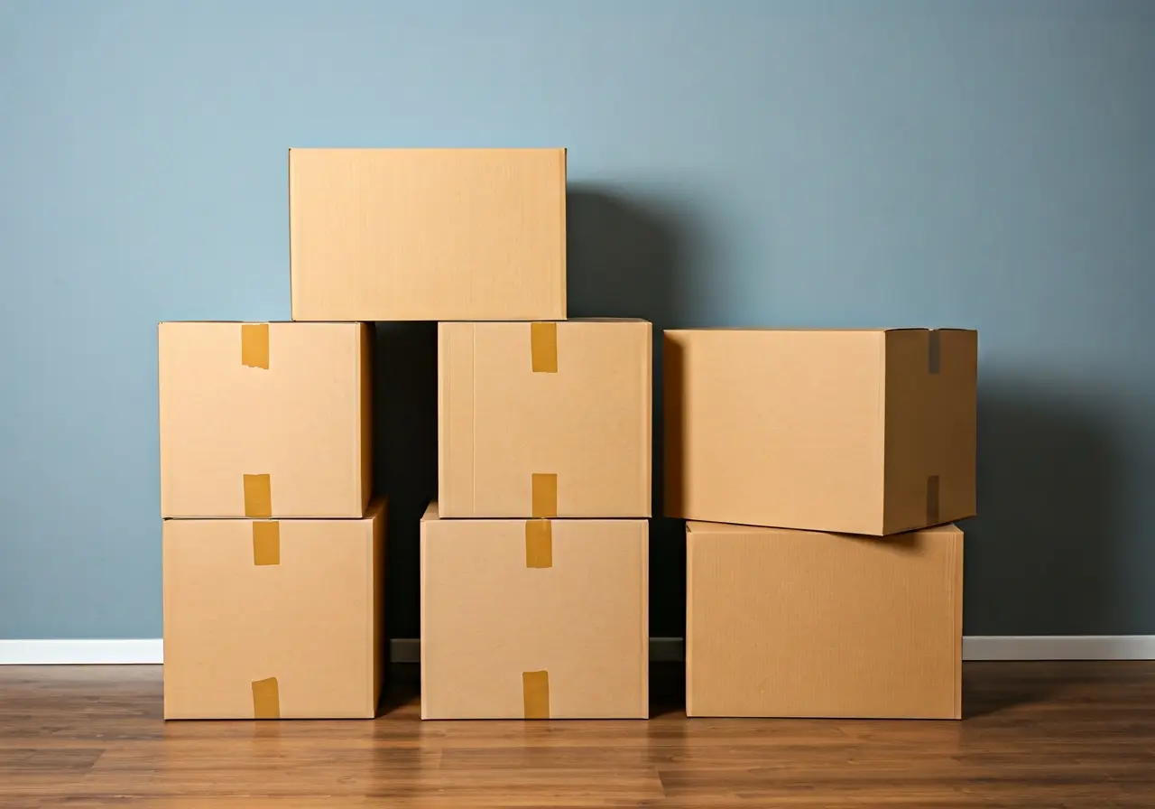 Stacks of labeled moving boxes in a tidy living room. 35mm stock photo