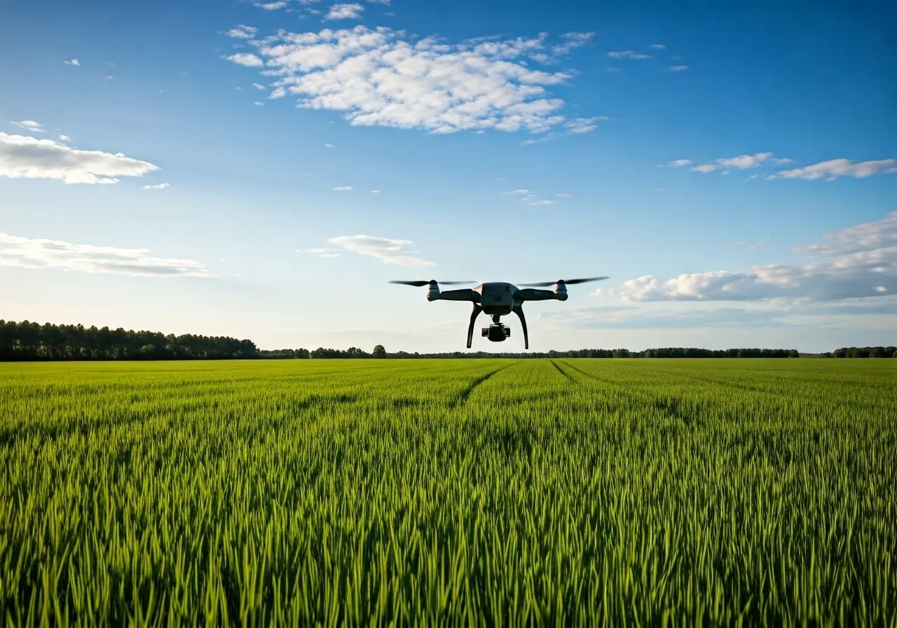 A drone hovering over lush green farmland under clear skies. 35mm stock photo