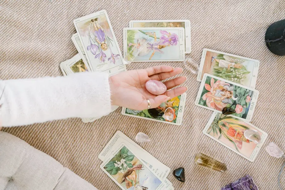 A serene setup of tarot cards and crystals invites insight and introspection.