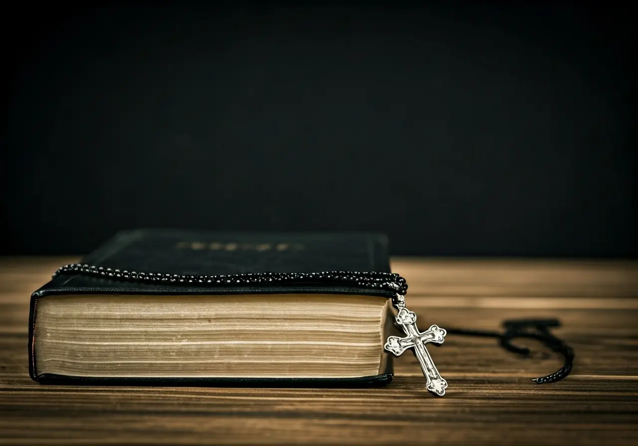 A cross necklace on a wooden table with a Bible. 35mm stock photo