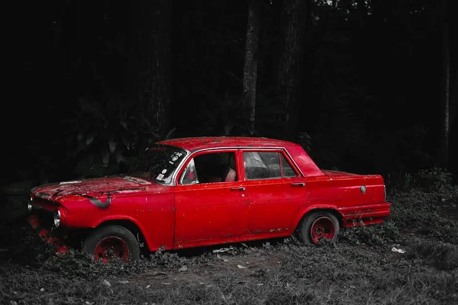 Old car with damaged bumper and broken window on grassy ground in forest