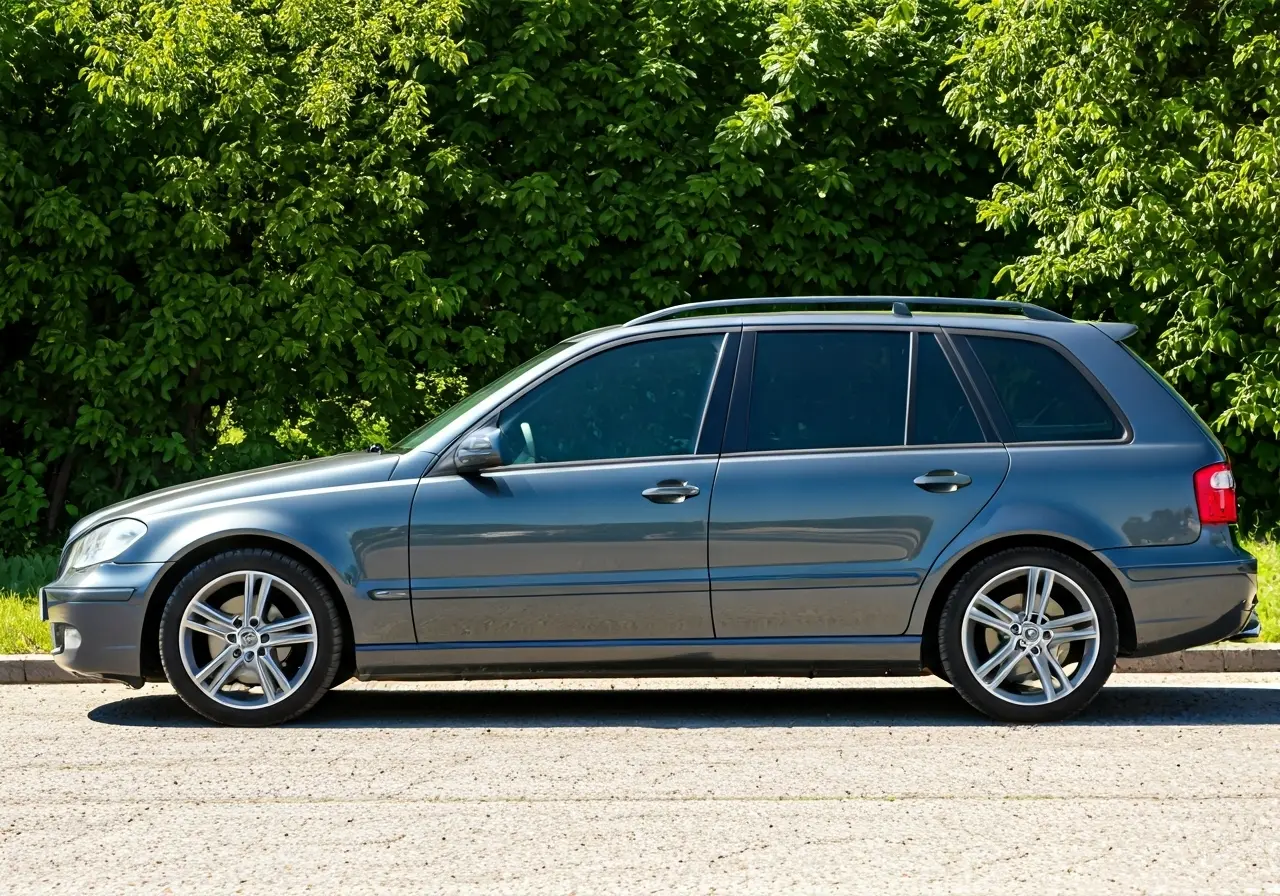 A sleek car with tinted windows parked in sunlight. 35mm stock photo