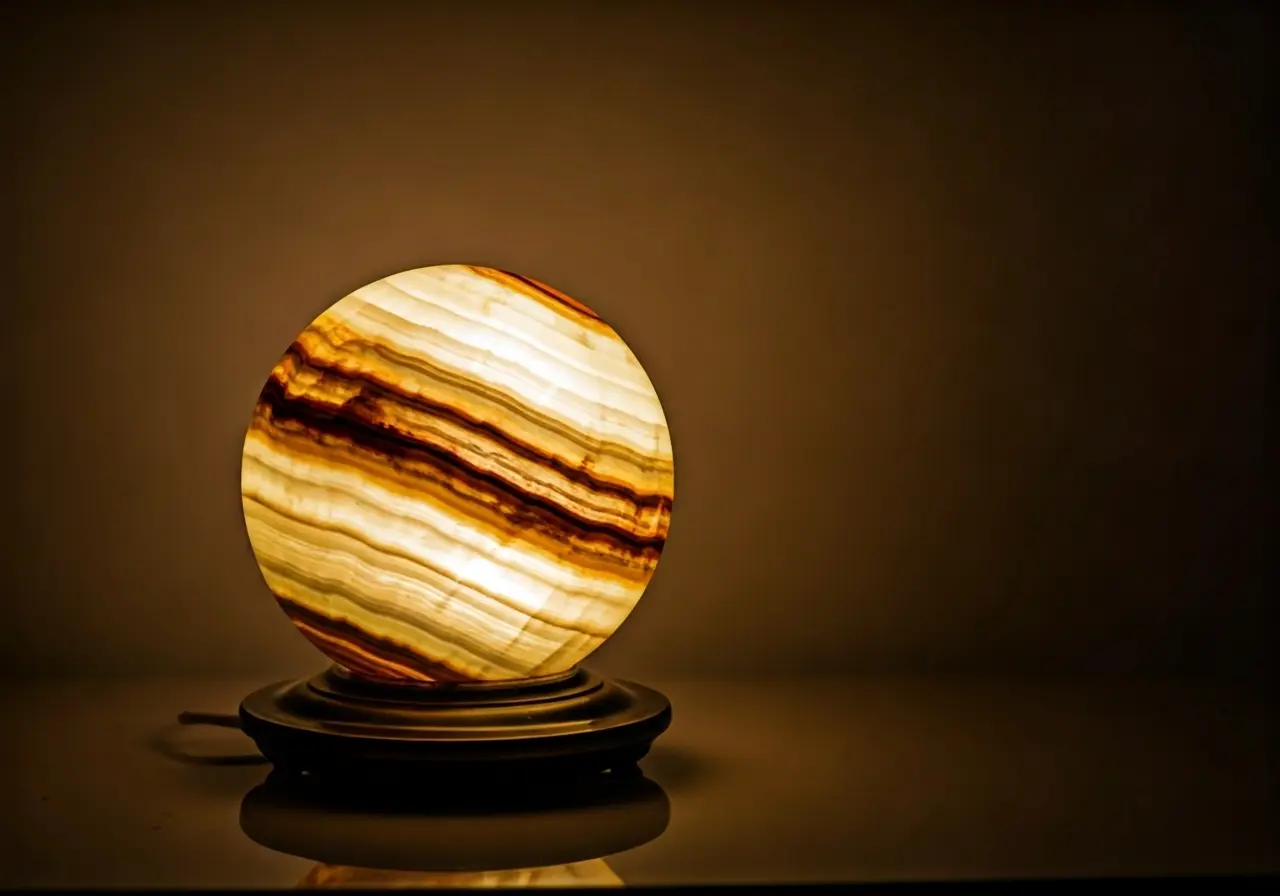 A beautifully lit onyx lamp glowing in a dim room. 35mm stock photo
